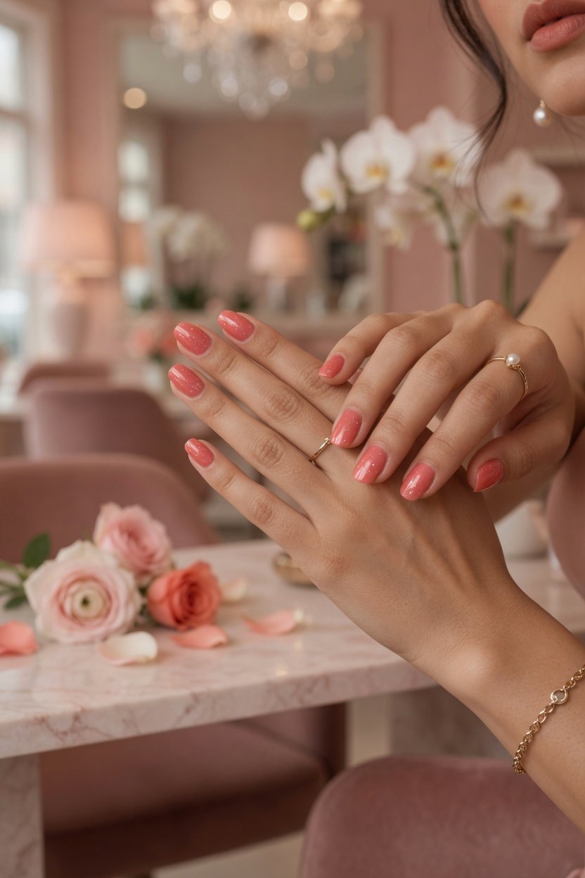 Guest showing her fresh nude manicure after an appointment