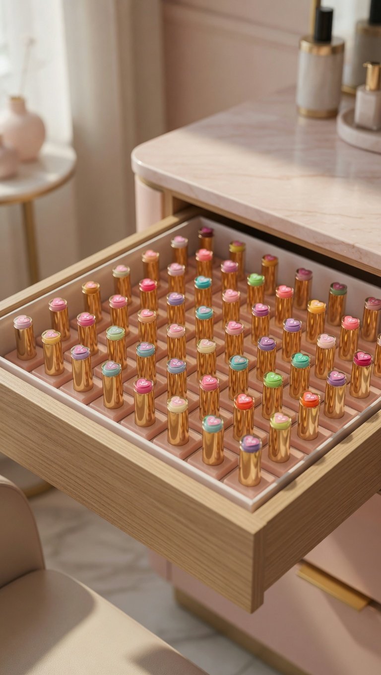 Gel colour library in gold-capped bottles at Lovely Nails