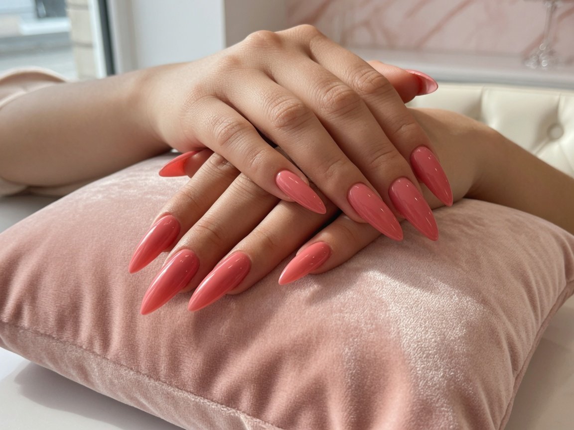 Long coral acrylic nail extensions at Lovely Nails