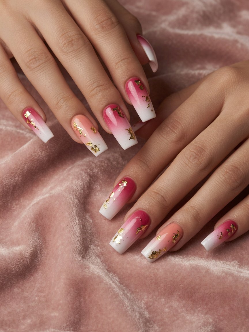 Blush bio gel nail extensions with a fine gold detail