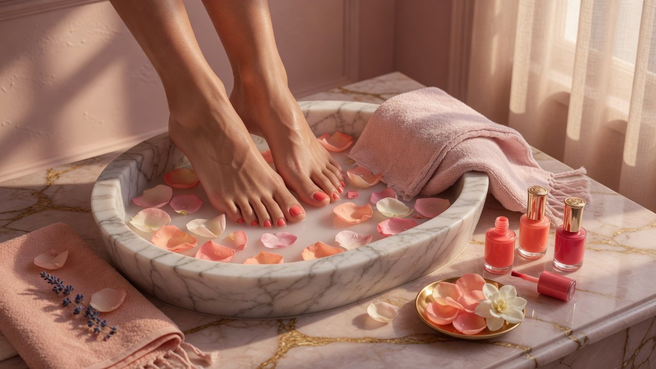 Restorative pedicure with warm cream towel and foot soak