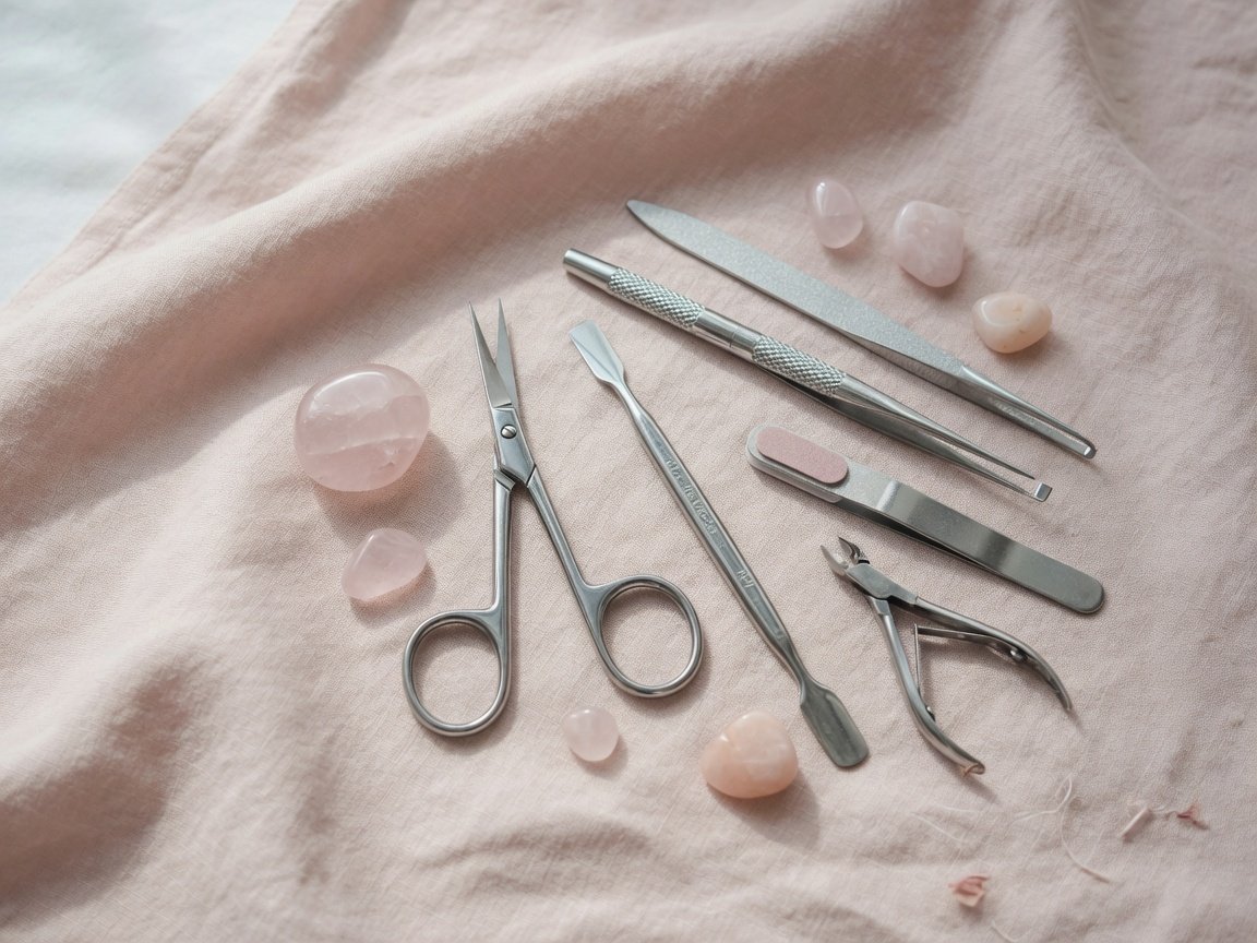 Sterilized manicure tools arranged on a clean preparation tray