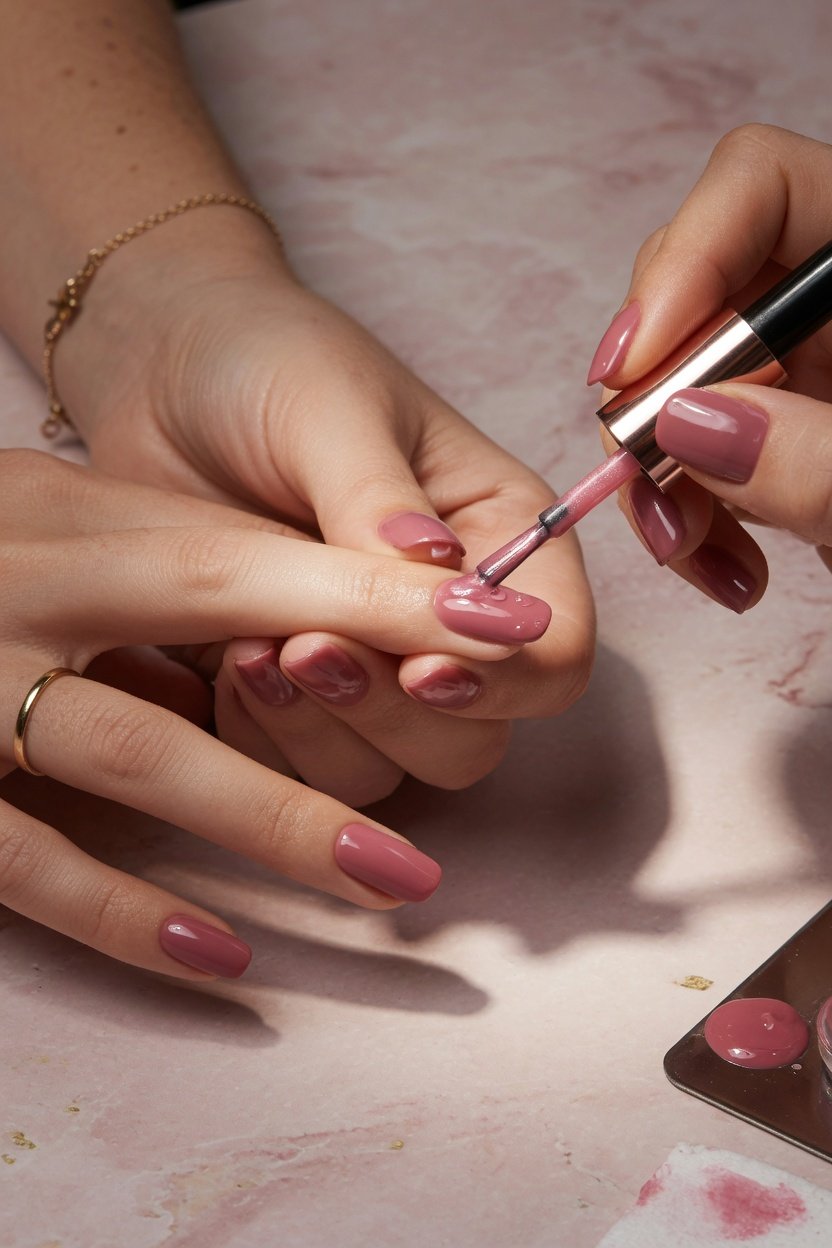 Nail technician applying precise nude manicure detail